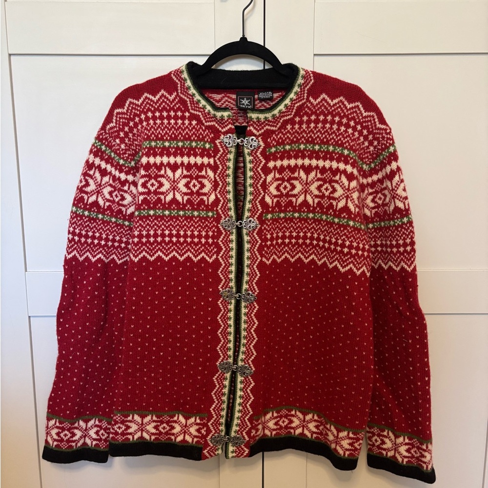Red Nordic-Style Wool Cardigan Sweater